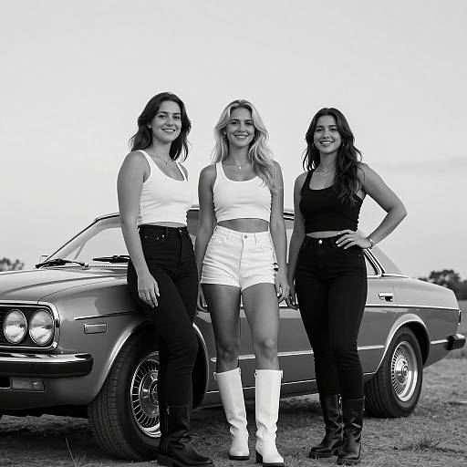 Three Women Beside a Classic Car