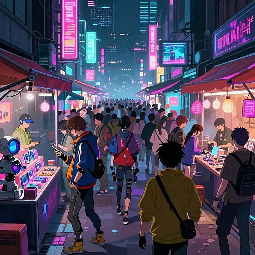 Vibrant digital anime-style street market at night, crowded with neon-lit stalls, colorful signs, and diverse young people browsing.
