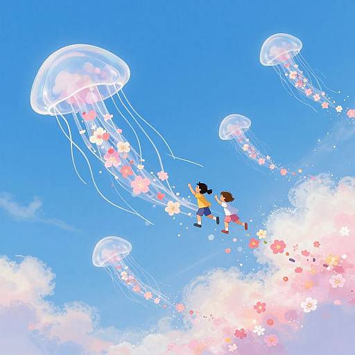 Children Riding Jellyfish in Sky