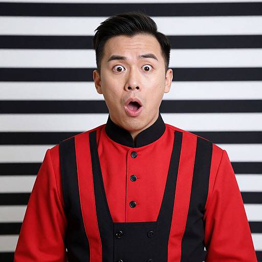 Surprised Man in Red and Black Outfit