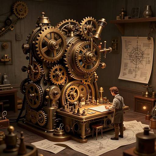 Photorealistic digital art: A young man in a lab coat stands before a massive, intricately detailed, golden steam-powered machine in a dimly