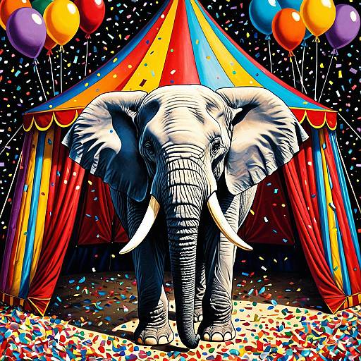 Shy Elephant in Colorful Circus Tent