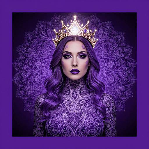 Digital portrait of a regal woman with long purple hair, gold crown, dark purple lipstick, and intricate paisley-patterned purple attire.