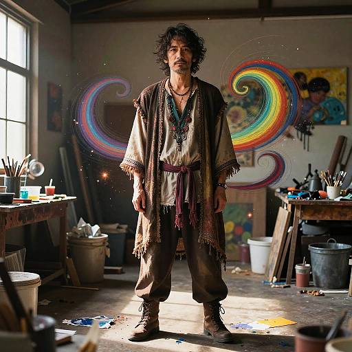 Middle-aged artist in bohemian attire with mystical paint swirls