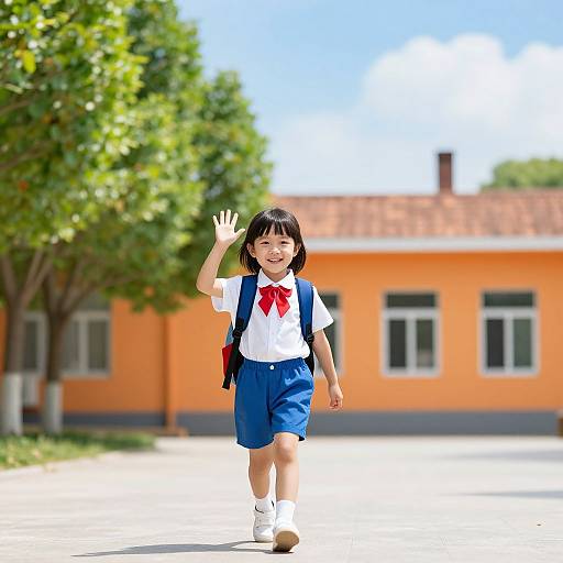 Photograph of a smiling Asian girl with black hair, wearing a white shirt, blue shorts, red bowtie, and backpack, waving in a bright