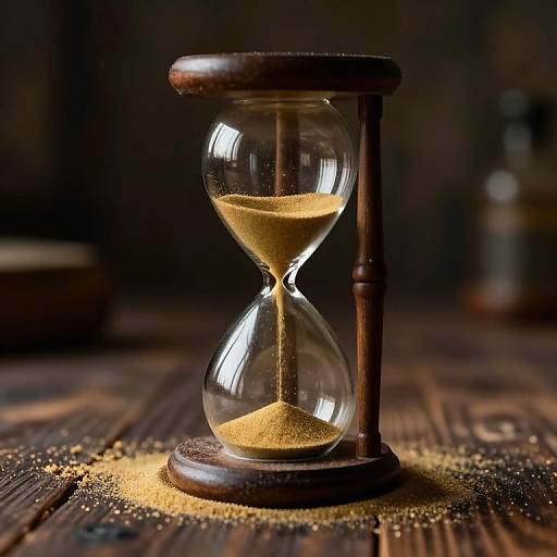 Photograph of a wooden hourglass with golden sand, illuminated against a dark, blurred background on a rustic wooden table.
