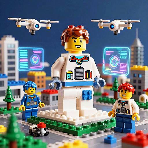 Lego city with AI drones and holographic interfaces