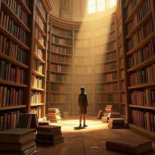 Photorealistic digital art of a silhouetted person standing in a sunlit, grand library with towering bookshelves and scattered books.