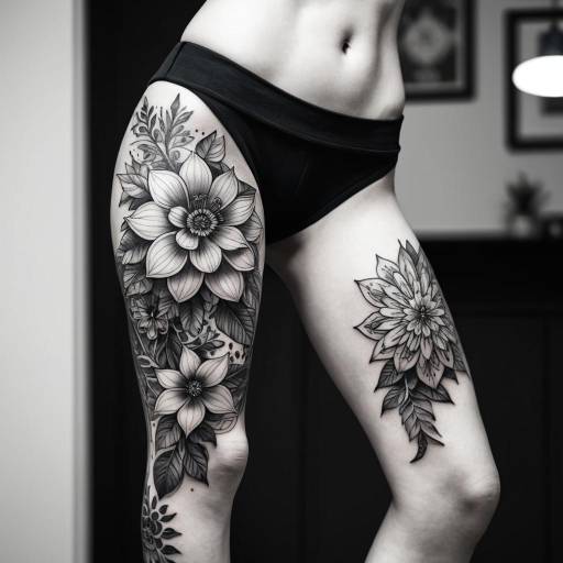 Black and Gray Floral Thigh Tattoos