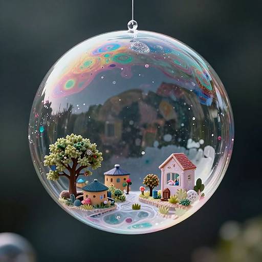 Photograph of a glass Christmas ornament containing a colorful miniature village with houses, trees, and a pathway, reflecting light and background scenery.