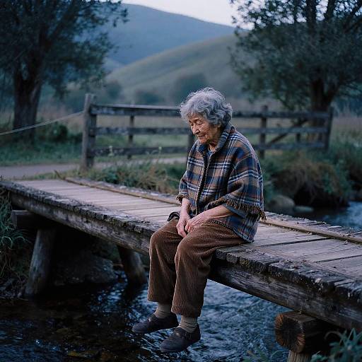 Elderly Woman on Misty Forest Bridge