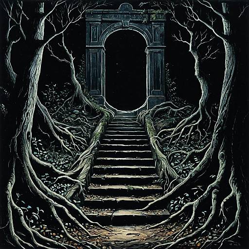 Ominous Staircase Portal Overgrown by Tree Roots