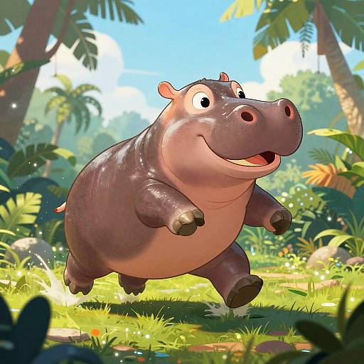 CGI cartoon hippo with a happy expression, running through a vibrant jungle with tall palm trees, lush greenery, and bright sunlight.