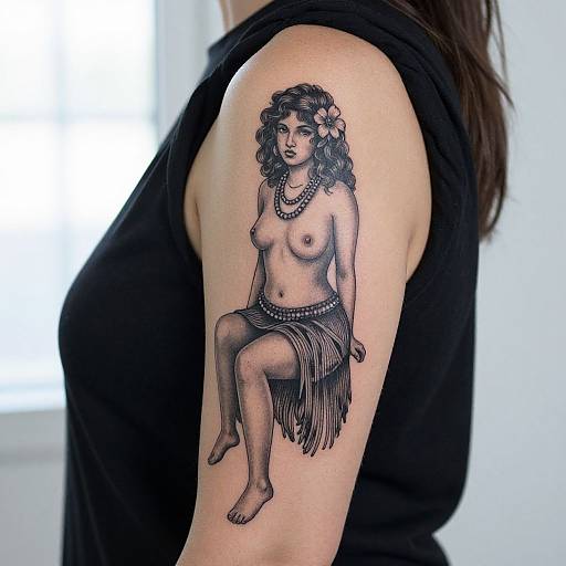 Photograph of a woman's upper arm featuring a detailed black-and-gray tattoo of a topless, curly-haired woman with flowers in her hair, wearing