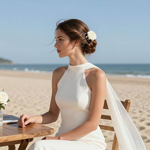 Photograph of a woman in a white sleeveless dress with a flower in her updo, sitting at a beach table, ocean and clear sky in