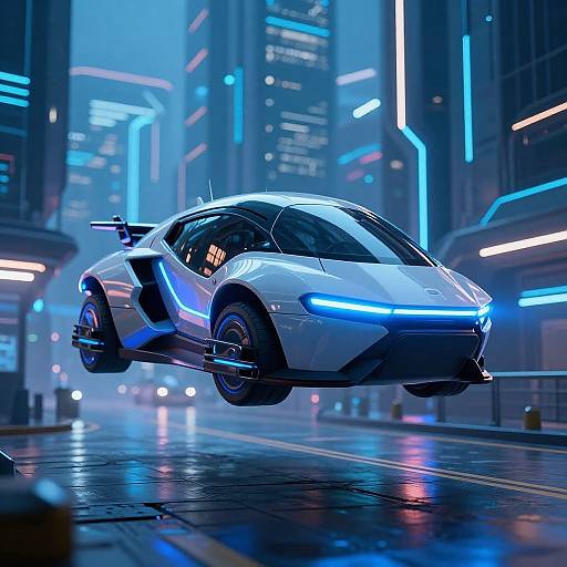 Photorealistic CGI of a sleek, futuristic white sports car with blue neon lights, hovering in a neon-lit, cyberpunk city street.