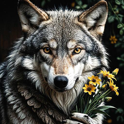 Detailed Wolf Holding Yellow Flowers