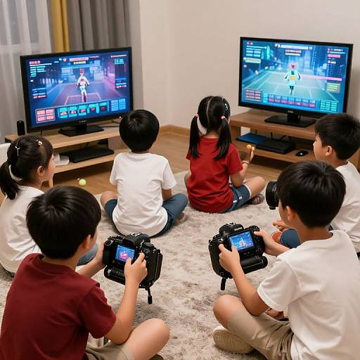 Six Asian children, seated on a carpet, focus on two TVs displaying a video game. Two boys hold cameras, capturing the scene. Bright, modern