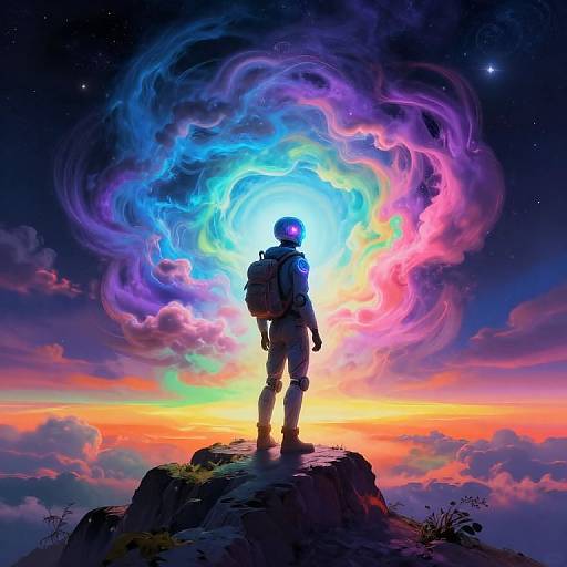 Digital art: Silhouetted adventurer with backpack stands on rocky peak, gazing at vibrant, swirling cosmic vortex in starry, colorful sky.