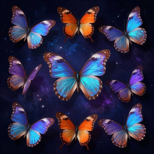 Digital artwork of nine vibrant butterflies with blue, orange, and purple wings, surrounded by a dark starry night sky. Butterflies are symmetrically arranged