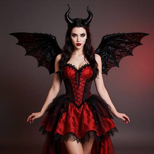 Photograph of a pale-skinned woman with long black hair, red lipstick, black lace devil horns, and bat wings, wearing a red lace cor