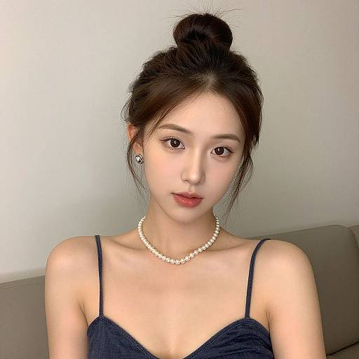 Photograph of an East Asian woman with fair skin, black hair in a bun, wearing a black spaghetti-strap top, white pearl necklace, and
