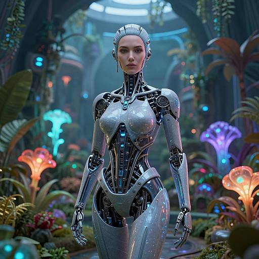 CGI image of a sleek, silver, female android with metallic limbs and chest, standing in a futuristic, bioluminescent garden.