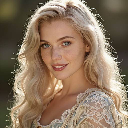 Photograph of a beautiful blonde woman with wavy hair, blue eyes, and freckles, wearing a lace-trimmed top, smiling softly