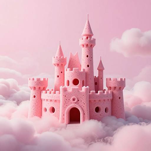 Photorealistic digital image of a pink, fairy-tale castle with multiple towers and crenellations, floating amidst fluffy pink clouds.