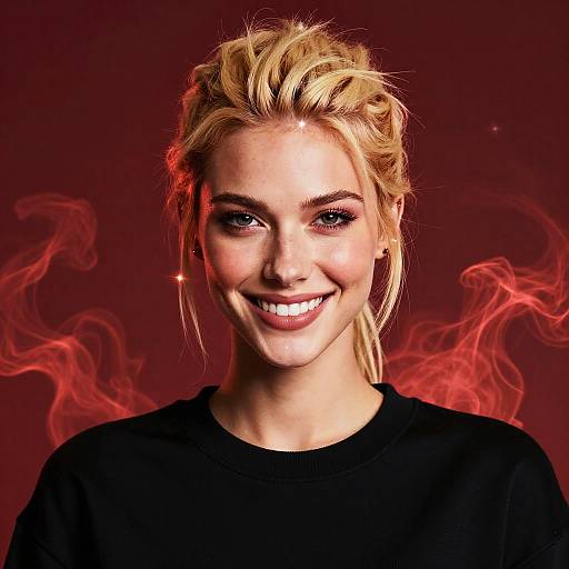 Photograph of a smiling blonde woman with messy hair, wearing a black shirt, against a red background with swirling red smoke.