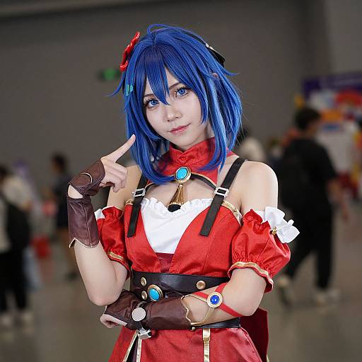 Photograph of a young woman with blue hair and blue eyes, cosplaying as a red and white character with blue accents, pointing to her chin.