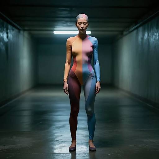 Photograph of a bald, serious-faced woman in a gradient, form-fitting bodysuit transitioning from orange to blue, standing in a dimly