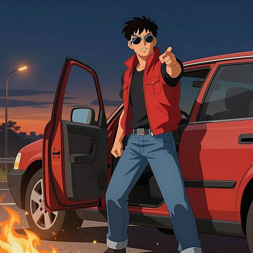 Vibrant Nighttime Scene with Intense Man