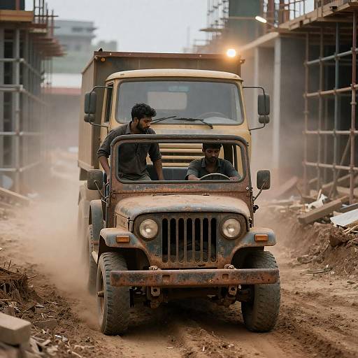 Men Driving Rusted Jeep Through Construction Site