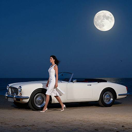 Photograph of a woman in a white dress walking beside a white convertible at night, under a full moon in a dark, empty landscape.