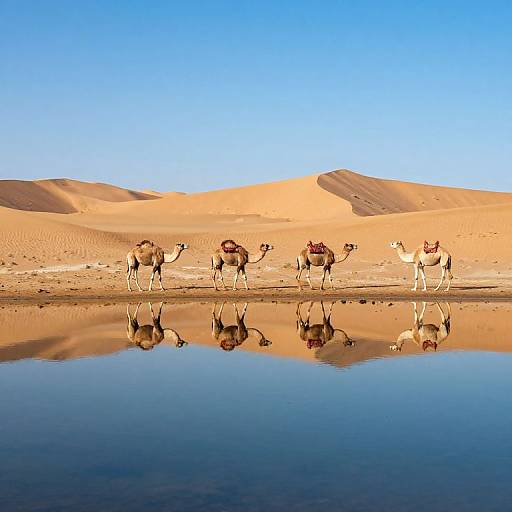 Photograph of five camels with colorful saddlebags standing in a desert oasis, reflected in a calm, clear water pool, under a bright blue sky