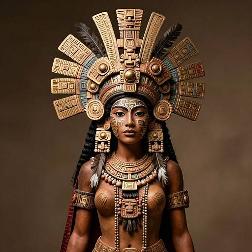 Photograph of a dark-skinned woman in elaborate, ancient Mayan-inspired headdress and jewelry, featuring geometric patterns and feather accents, against a brown