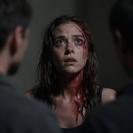 Frightened Woman with Bloodied Face in Dark Setting