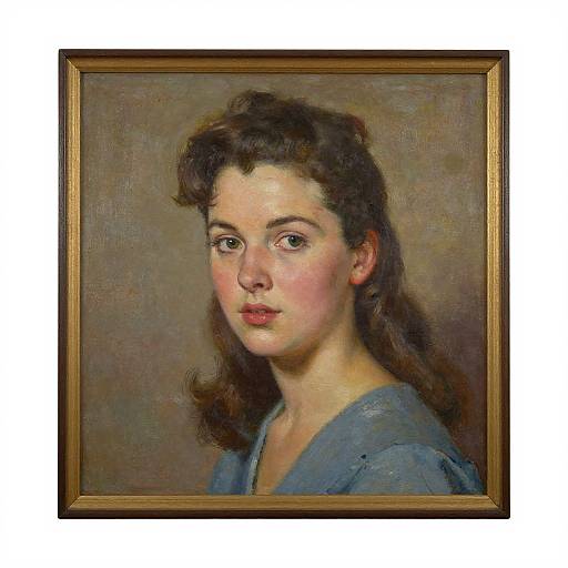 Realistic oil painting of a young woman with fair skin, brown wavy hair, blue eyes, and a blue shirt, framed in gold.