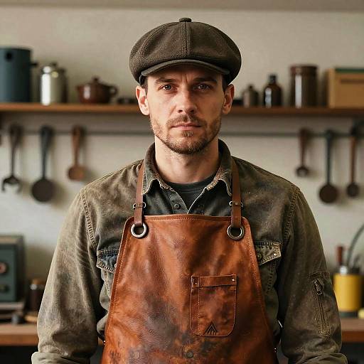 Photograph of a bearded man in a brown flat cap, worn denim shirt, and leather apron, standing in a rustic kitchen with hanging utens