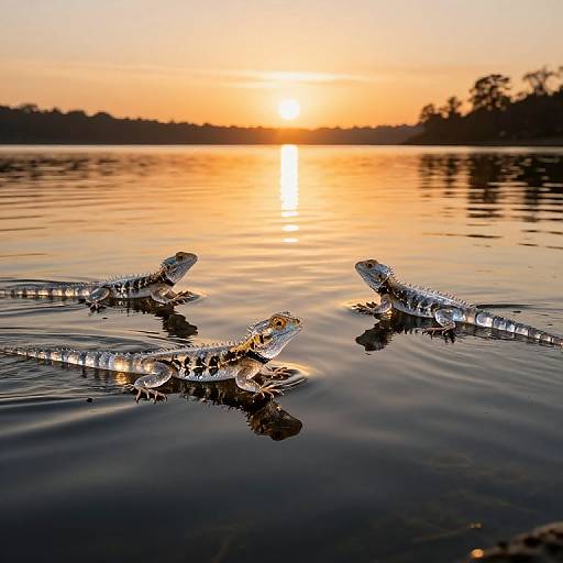 Photograph of five alligators with reflective scales, swimming in a circle on calm water at sunset, with a glowing orange sky and silhouetted