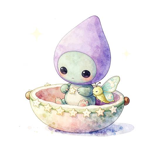 Whimsical Alien in Pastel Seed-Pod Cradle