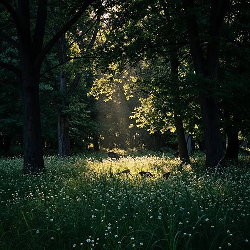 Sunlit Forest Clearing with Wildlife