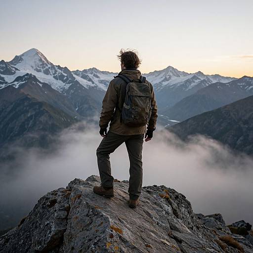 Photograph of a hiker with backpack, standing on rocky peak, facing snow-capped mountain range at sunrise, surrounded by mist.