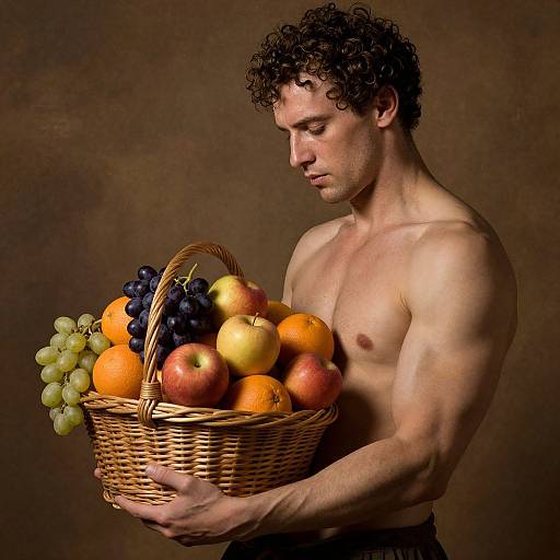 Photograph of a muscular, shirtless man with curly brown hair, holding a wicker basket filled with various fruits including grapes, apples, and oranges