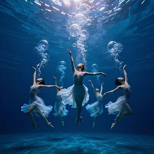 Photograph of five underwater ballerinas in flowing white dresses, arms gracefully raised, surrounded by bubbles, illuminated by sunlight from above.
