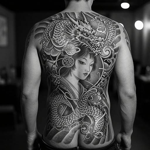 Black-and-white photograph of a muscular man's back, intricately tattooed with a detailed dragon and serene Asian woman design, in a dimly lit