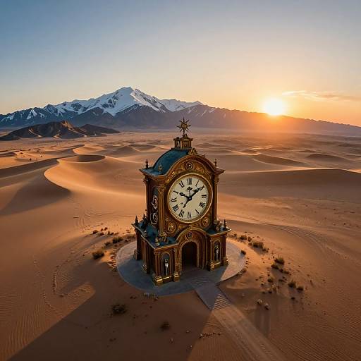Aerial photograph of an ornate, antique clock tower in a desert at sunset, with snow-capped mountains in the background.