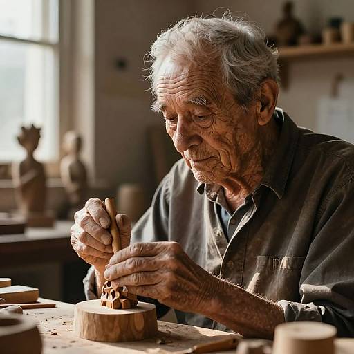 Photograph of an elderly, wrinkled man with gray hair, focused on carving wood in a sunlit workshop, wearing a dark shirt.