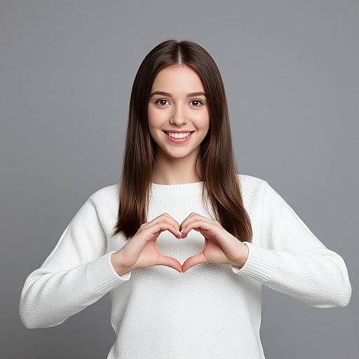 Photograph of a smiling young woman with straight dark brown hair, wearing a white sweater, forming a heart shape with her hands against a gray background.